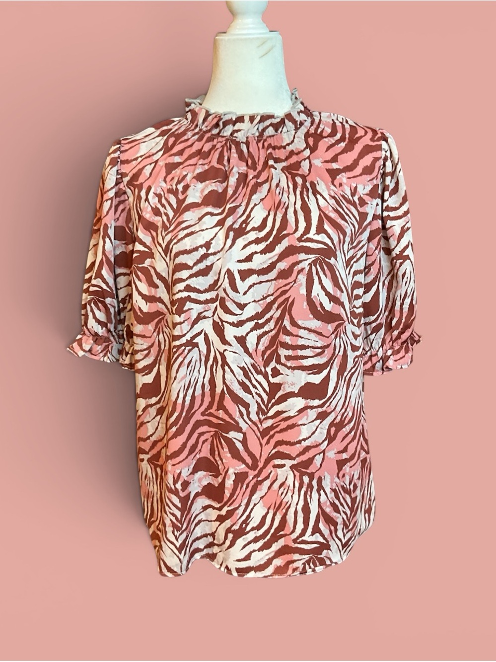 Entro Zebra-Print Ruffle-Neck Blouse, size L.